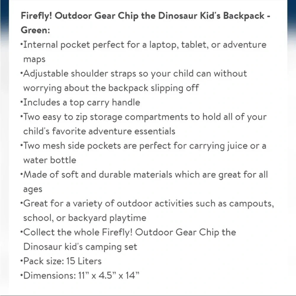 NWT Firefly! Outdoor Gear Chip the Dinosaur Kid's Backpack green 15 Liters unise - Picture 10 of 11